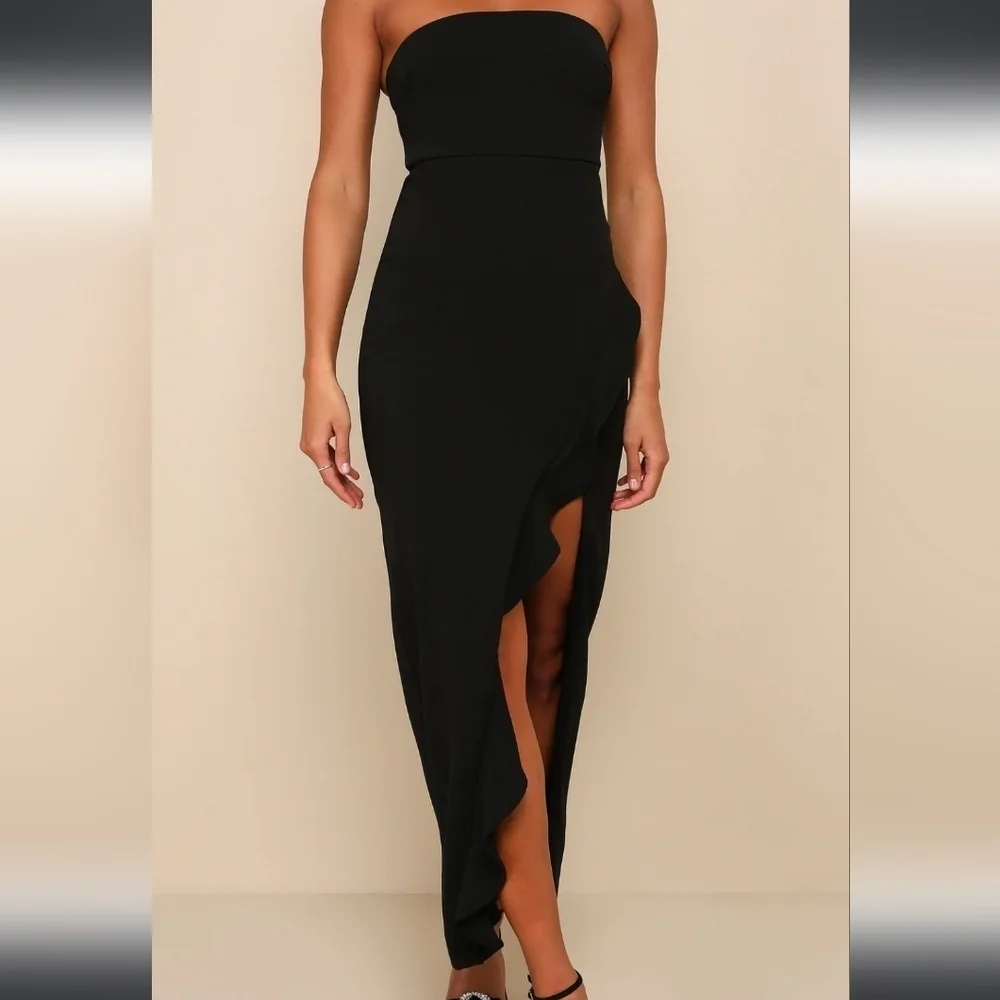 Lulus Womens Strapless NWT Elegant Black Maxi Dress With Ruffle Slit XL - Picture 1 of 8